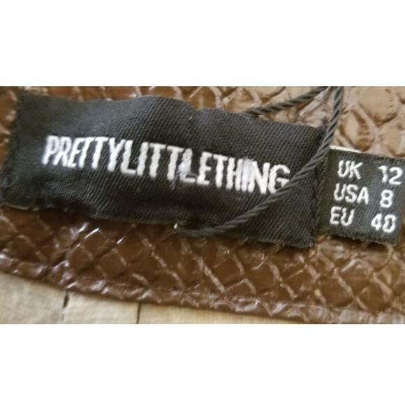 Pretty Little Thing Faux Leather Croc Split Hem Skinny Trousers Size 8 Choc - Picture 8 of 14